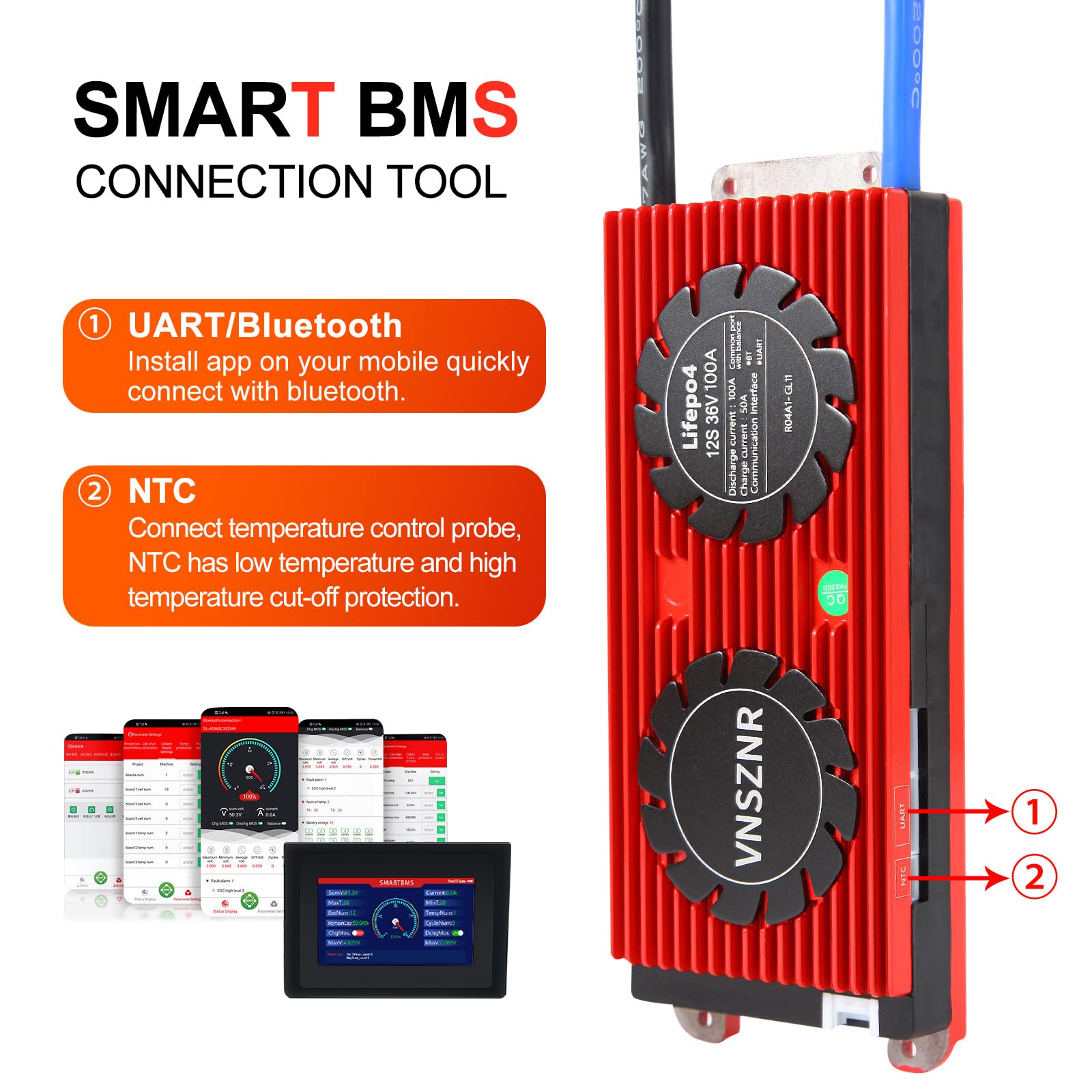 Amazon.com: VNSZNR LiFePO4 BMS 36V 12S 100A Smart PCB Battery
